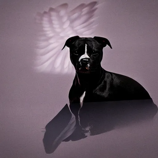 Image similar to a man saying goodbye to his black Staffordshire bull terrier with angel wings, soft lighting, beautiful, heavenly, digital art