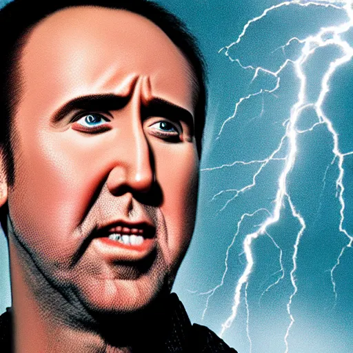 Image similar to closeup shot of nicolas cage with crazy grin and dramatic lightning and backlightning, highly detailed