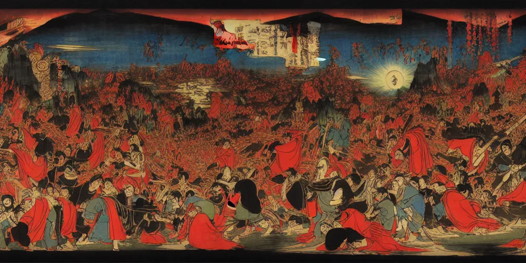 Prompt: Dante's Inferno, by Utagawa Kuniyoshi, dramatic lighting, high contrast colors, panoramic view, as trending on Artstation,