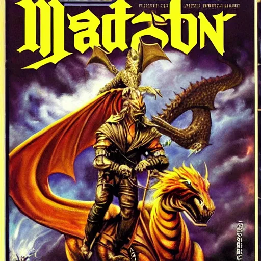 Prompt: heroic painting of Saul Goodman riding a dragon as the cover of a Heavy Metal magazine from the 1980s
