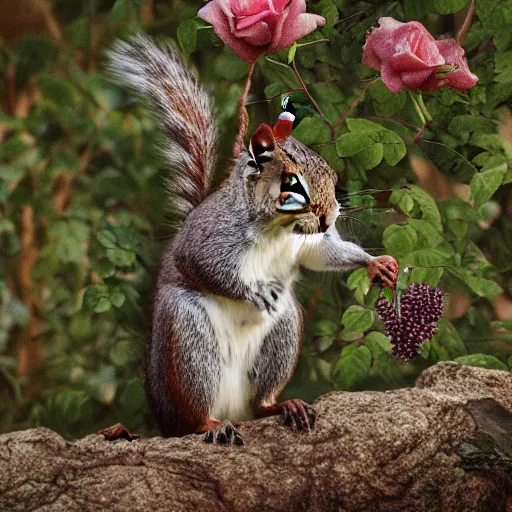 Image similar to Squirrel eating rose bush, realistic artstyle, wide shot, dramatic lighting, octane render, hyperrealistic, high quality, highly detailed, HD, beautiful, cinematic, 8k, unreal engine, facial accuracy, symmetrical