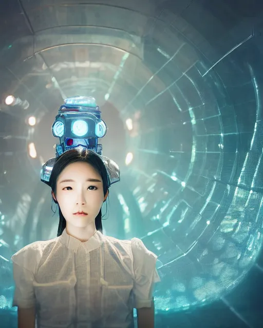 Image similar to beautiful centered photo portrait of hoyeon jung as a solarpunk robotic humanoid with white mechanical parts with bright halogen lights, walking through water, ultra - realistic and detailed, white background, sunset lighting, soft focus, slow exposure hdr 8 k