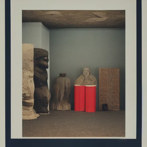 Image similar to a photographic three color screen print of an exhibition room with an arrangement of elements, anthropological conceptual object, tribalism, animism, grain, shades