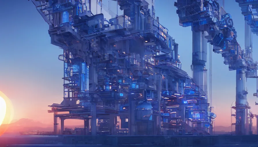 Prompt: combined cycle futuristic powerplant, blue led lights, sunrise, hyperdetailed, artstation, cgsociety, 8 k