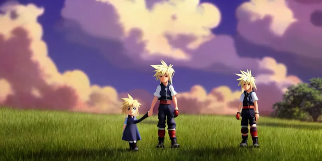 Image similar to a wholesome animation key shot of cloud strife studio ghibli pixar and disney animation sharp render