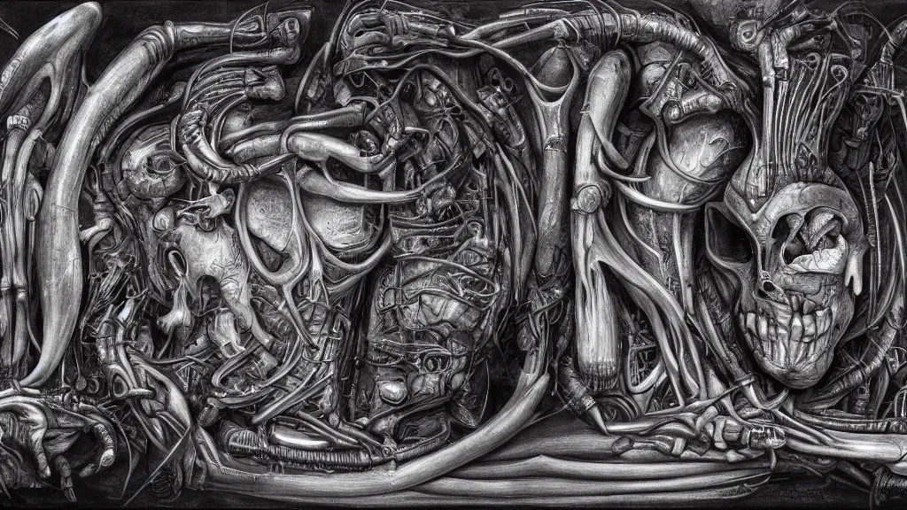 Prompt: Beating heart of the internet, anatomy, style of Giger, H. R. GIGER, 4K, highly detailed