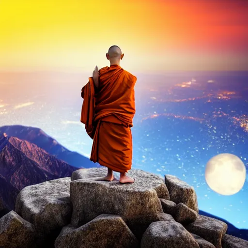 Image similar to high definition render of a monk on top of a mountain, full moon, milky way, galaxy, buddhism, 8 k, symbolic, intricate, detailed, raytracing, cinematic