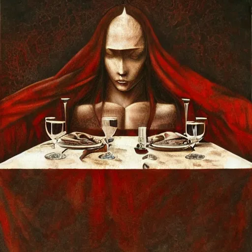 Image similar to last dinner da vinci by Rudolf Giger red color, trending on artstation, deviantart, very realistic, 4k