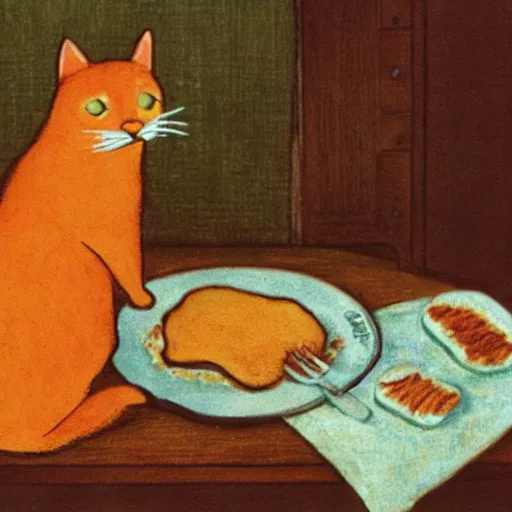 Prompt: fat orange cat on a table with lasagna by maurice sendak