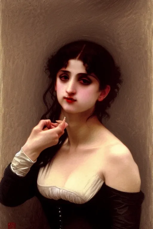Image similar to victorian vampire black hair teeth, painting by rossetti bouguereau, detailed art, artstation