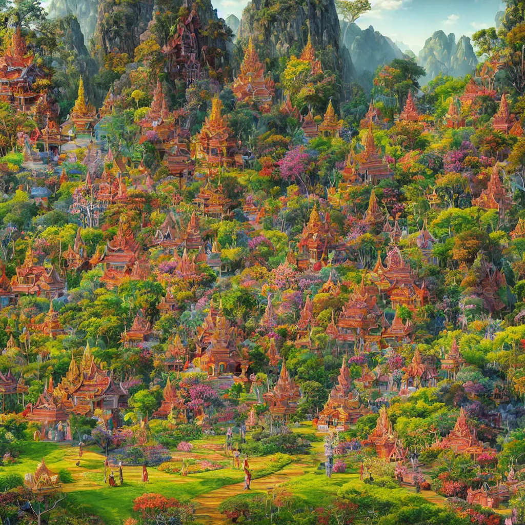 Prompt: summer morning, thai temple, rolling mountain, very coherent and colorful high contrast, art by gediminas pranckevicius, geof darrow, franz sedlacek, dark shadows, hard lighting, flowers garden