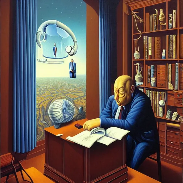 Image similar to an oil on canvas portrait of a business man in his office studying, surrealism, surrealist, cosmic horror, rob gonsalves, high detail