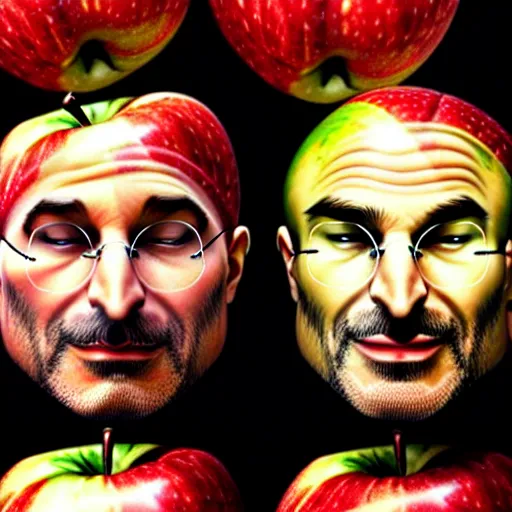 Prompt: apples, apples arranged in the shape of a face resembling steve jobs, fantasy, intricate, elegant, highly detailed, lifelike, photorealistic, digital painting, artstation, illustration, smooth, sharp focus, art by giuseppe arcimboldo