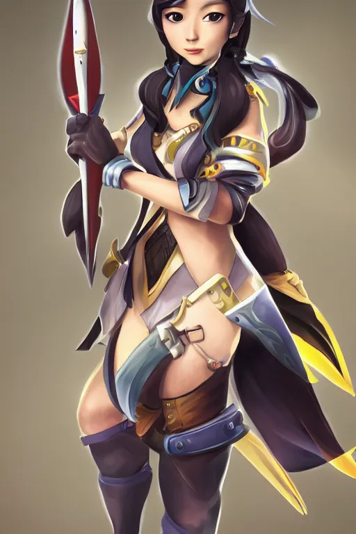 Image similar to a south korean female from paladins, she is holding kunai, highly detailed digital art, character design, masterpiece