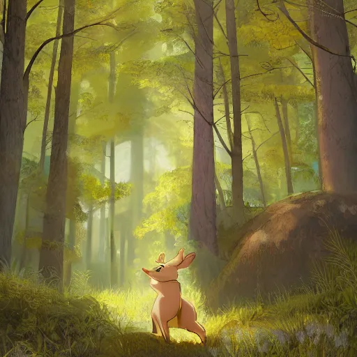 Image similar to concept art painting of an anthropomorphic chubby doe wearing yellow dress, in the deep forest, realistic, detailed, cel shaded, in the style of makoto shinkai and greg rutkowski and james gurney