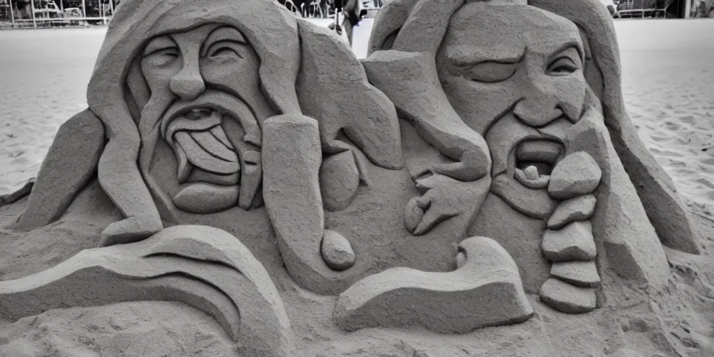 Prompt: high quality photograph of a masterfully crafted sand sculpture of a lemmy kilmister at the playground's sandbox