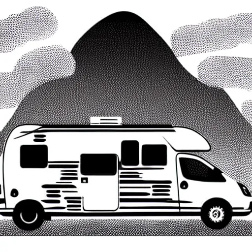 Image similar to minimal professional vector art featuring a white and black cute thor chateau! motorhome camper!!, highway, mountains and sunset!!, very happy, professional colorful simple vector art