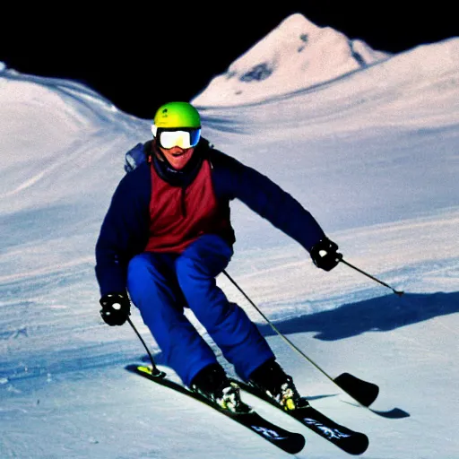 Prompt: Richard Bruce Cheney, skiing, Richard Bruce Cheney wearing acid-washed blue jeans, powder day, epic mountain background, painting