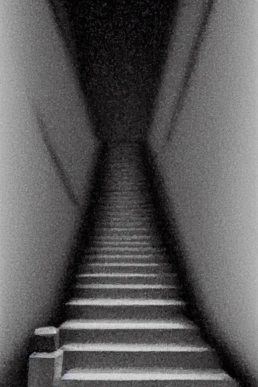 Prompt: looking down a flight of dimly lit stairs, first person perspective, black cat looking up from the base of the stairs, digital illustration, artstation, artstation hq, hd