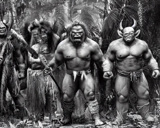 Image similar to hyper realistic group vintage photograph of a live action warcraft orc warrior tribe in the jungle, tall, hulk like physique, detailed faces, tribal paint, tribal armor, grain, old, monochrome, sepia toned, realistic lighting, wide angle