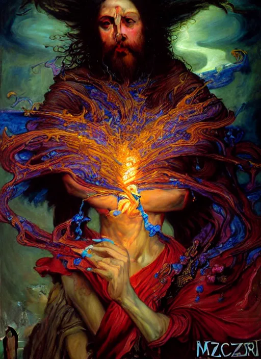 Image similar to wizard casting acid splash, dnd character art portrait, dark fantasy art, intricate fantasy painting, dramatic lighting, vivid colors, deviantart by edgar maxence and caravaggio and michael whelan and delacroix.