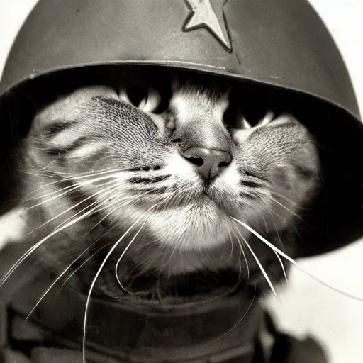 Image similar to Close up of a cat wearing a soldier helmet in the battle, ww2 historical photo, black and white