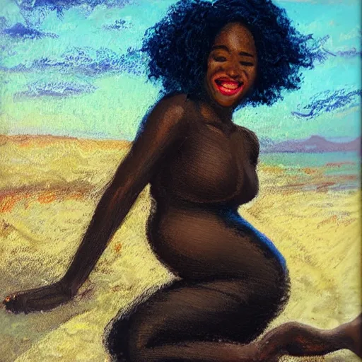 Image similar to pregnant black woman with curly hair, laying down, a tiny black puppy running around, golden hour, vintage, impressionist painting, fine art, oil painting, dreamy, pastel, laughing, happy, intricate details, sharp, peaceful, serene