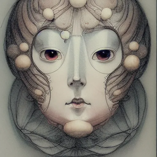 Image similar to prompt: Fragile looking vessel portrait face drawn by Katsuhiro Otomo, inspired by Carlo Dolci, magical and alchemical objects on the side, soft light, white background, intricate detail, intricate ink painting detail, sharp high detail, manga and anime 2000