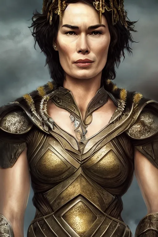 Image similar to lena headey as a beautiful gladiator, detailed full body portrait, amazing detail, intricate, elegant, photorealistic, 4K, character design, fantasy, trending on artstation