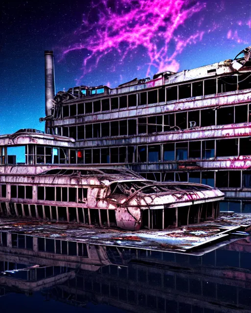 Image similar to a beautiful hyperdetailed render of shipwreck industrial architecture urbex by gordon bunshaft, at night synthwave tundra thermal vision nightsky galactic evil wilderness lake alien sci - fi futuristic gem dramatic lightning retrowave, archdaily, wallpaper, highly detailed, trending on artstation.