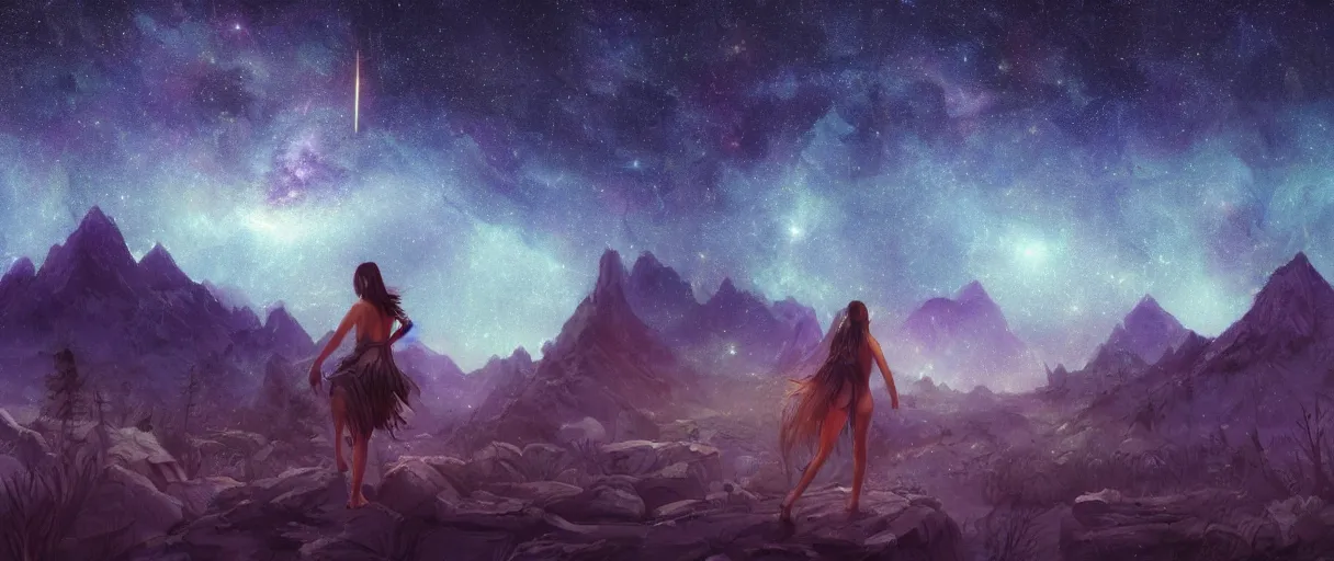 Prompt: digital photography of a ultra detailed night sky with constellations, detailed very beautiful native American girl with short hair swimming in a blue pool, Perseides meteor shower, ultra detailed hill top over behind a forest, large mountains in back, concept art, low angle, high detail, warm lighting, volumetric, vivid, beautiful, trending on artstation, by Jordan Grimmer, no focus, huge scene, ultra detailed trees, F11 aperture, in the style of JIM RICHARDSON