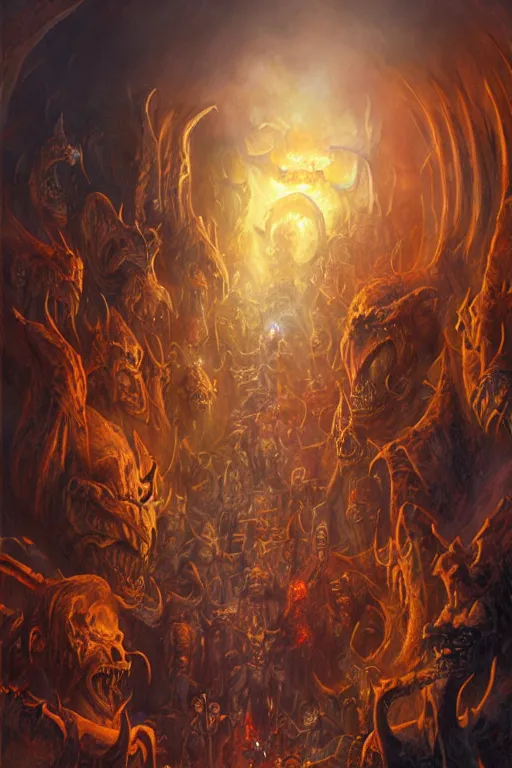 Prompt: the neverending halls of hell, artwork by Ralph Horsley