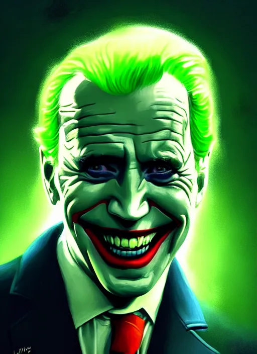 Image similar to portrait of joe biden as the joker, green hair, intricate, elegant, glowing lights, highly detailed, digital painting, artstation, concept art, sharp focus, illustration, art by wlop, mars ravelo and greg rutkowski