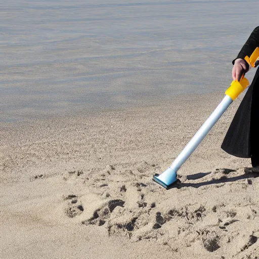 Prompt: anakin skywalker vacuuming the sand on a beach