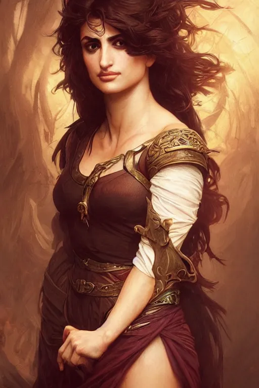 Image similar to penelope cruz , D&D, fantasy, intricate, cinematic lighting, highly detailed, beautiful, digital painting, artstation, masterpiece, concept art, smooth, sharp focus, illustration, art by Artgerm and Greg Rutkowski and Alphonse Mucha and william-Adolphe Bouguereau