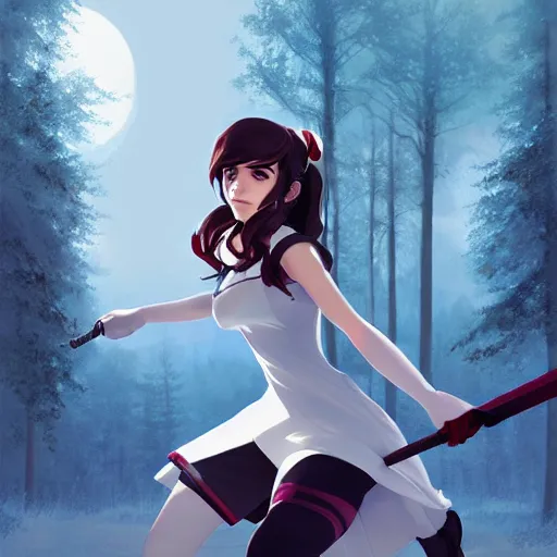 Image similar to emma watson as weiss schnee from rwby by ross draws, forest background by ilya kuvshinov, digital anime art by ross tran, composition by sana takeda, lighting by greg rutkowski