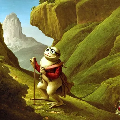 Prompt: Pepe the frog Crossing the Alps by Jacques-Louis David