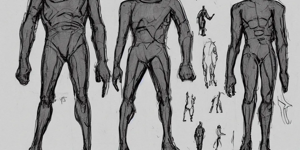 Image similar to male, elongated figure, space suit, sketch, large shoulders, short torso, long thin legs, tiny feet, character sheet, very stylized, illustration, pen and ink, by mike mignola, by alex maleev