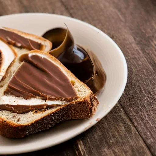 Prompt: toast with nutella and sardine, food photography, 5 0 mm f / 1. 6, sigma lens, elegant