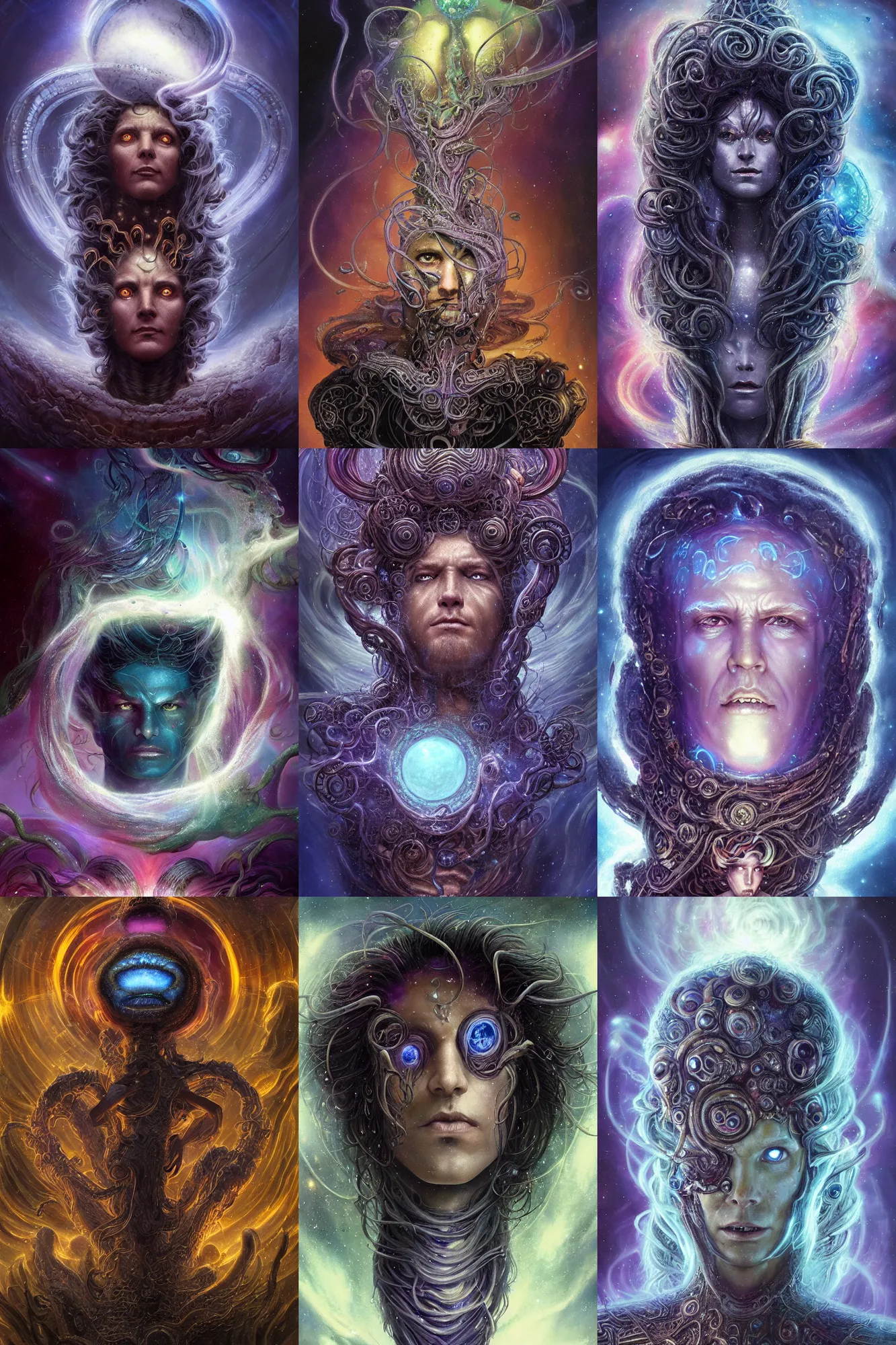 Prompt: !dream the space Medusa ancient space eternal god being with galaxy hair, glowing eyes, staring into your soul, interdimensional, multidimensional, full body portrait by Peter Morbacher and Greg Rutkowski and Jim Burns and Bruce Pennington and Don Maitz and Tim White, dramatic lighting, intricate details, hypermaximalist, fractal space, amazing epic stunning character concept art, layered artwork, retro dark sci-fi cover art