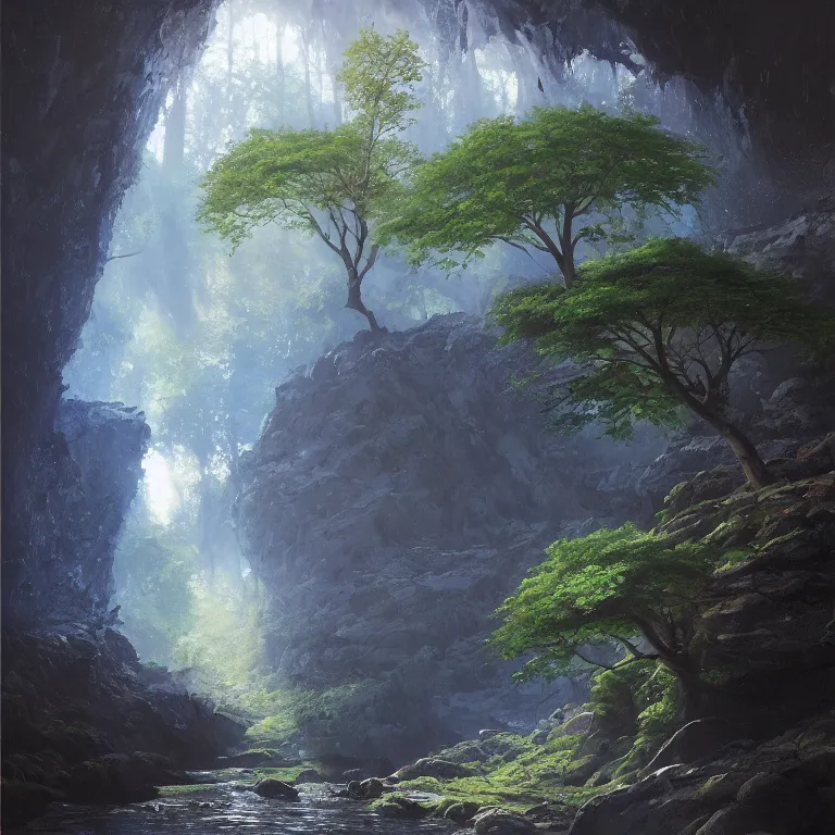 Image similar to A beautiful, highly detailed, very realistic oil painting of a single tree with rainbow leaves, next to a small river, glowing bright blue in the middle of a huge, very dark cave, with lots of dark grey rocks, oil painting by Greg Rutkowski.