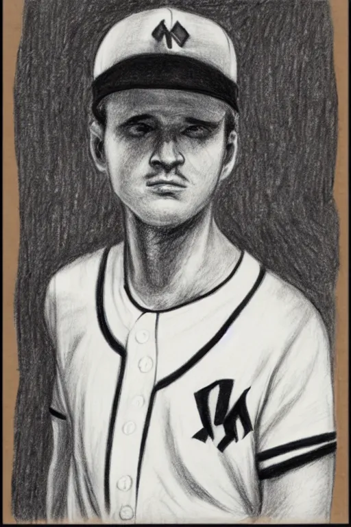 Prompt: drawing of a stoic white baseball player with a black baseball cap, black bat and a striped jersey, white background, black and white, pencil sketch
