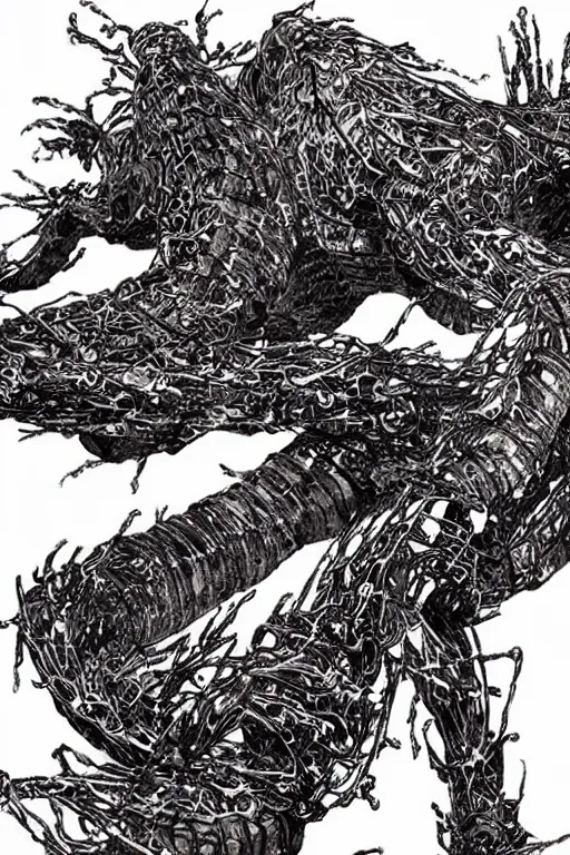 Prompt: a flaming centipede by yoji shinkawa and tsutomu nihei, detailed art, highly detailed