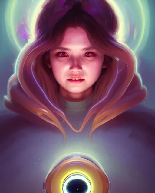 Image similar to one singular portrait of a cute bioluminescent creature with big glowing eyes, highly detailed, digital painting, cinematic, hyper realism, dark retrowave, art by Stanley Lau and Artgerm and magali villeneuve and Alphonse Mucha, artstation, octane render, cgsociety