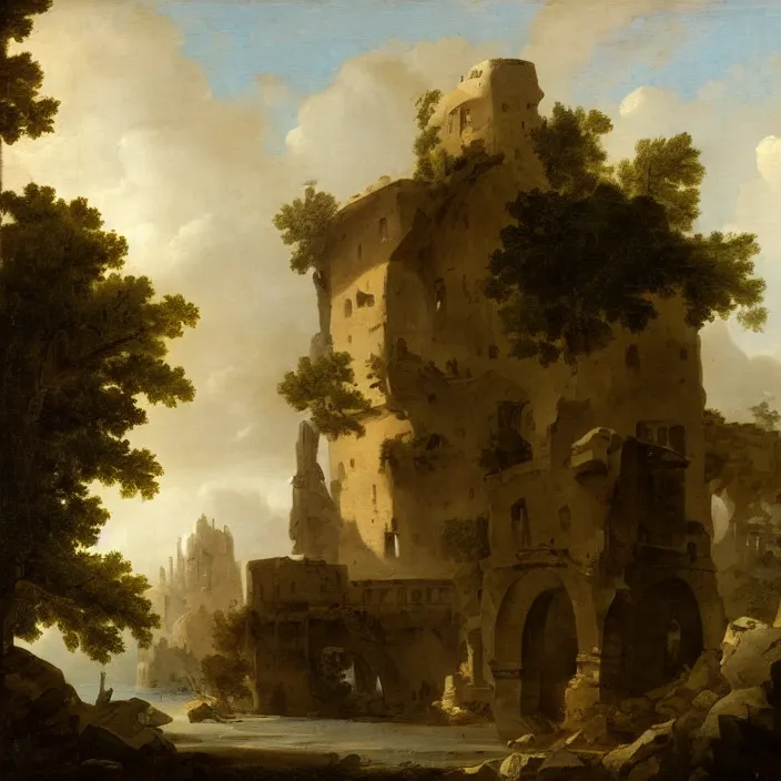 Image similar to a building in a landscape, by hubert robert