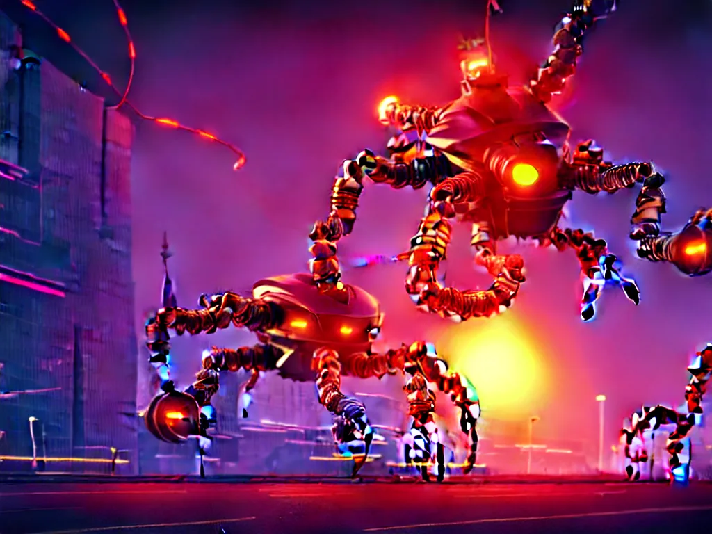 Prompt: A frightening gigantic evil robot scorpion in a futuristic city with pipes and tubes and wires, hyperealistic very colourful hdr cinematic lighting cgi render photorealistic cinematic octane render