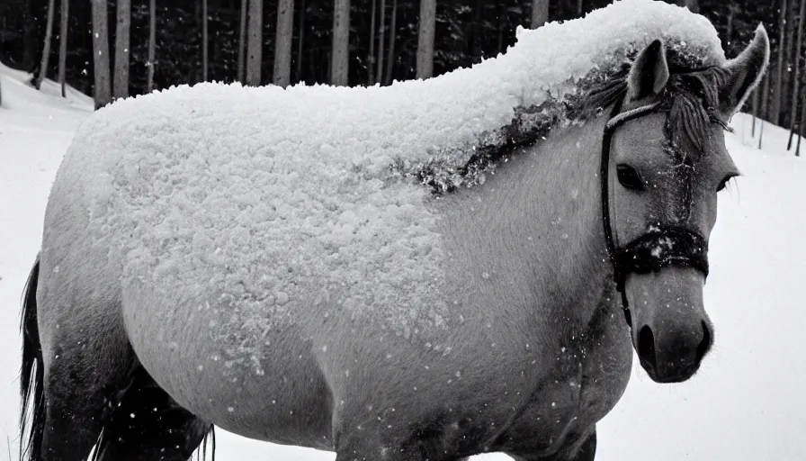 Image similar to 1 9 6 0 s movie still close up of marcus aurelius frozen to death with his horse under the snow by the side of a river with gravel, pine forests, cinestill 8 0 0 t 3 5 mm b & w, high quality, heavy grain, high detail, texture, dramatic light, anamorphic, hyperrealistic, detailed hair, foggy