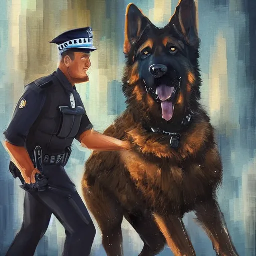 Image similar to police officer riding a giant German shepherd in the city, trending on artstation