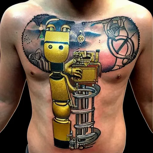 Prompt: chest tattoo of a maintenance slap in the skin with a golden robot mechanic with glowing tubes inside under the skin, insanely integrate,