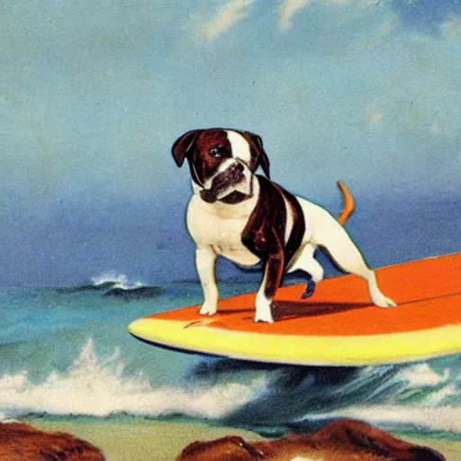 Prompt: staffordshire terrier boxer mix, riding a surfboard, as a vintage hawaiian postcard